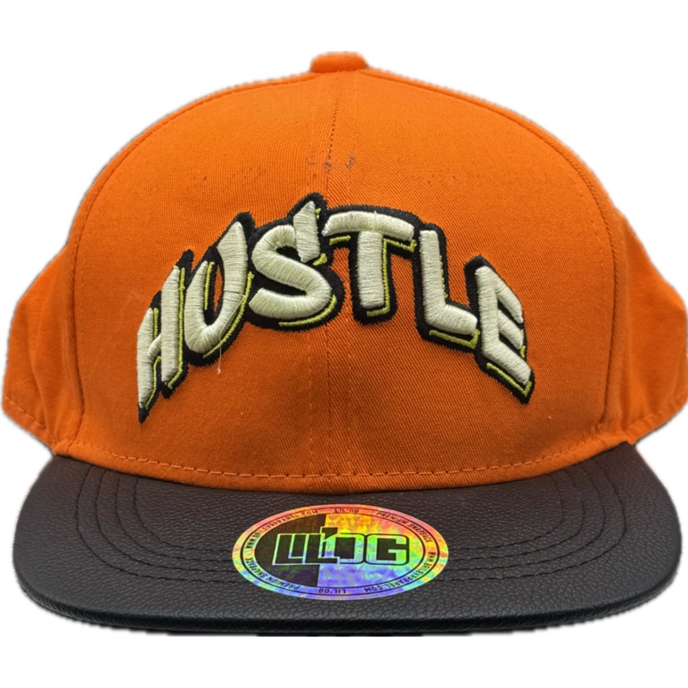 LILOG Hustle Snapback Hat Orange Black Faux Leather Flat Brim Embroidered Cap